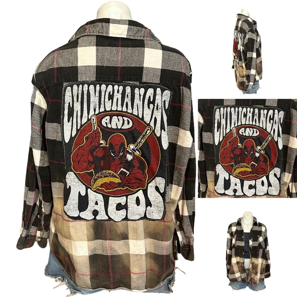 Deadpool Tacos Plaid Flannel Shirt XL Oversize Shacket Upcycle Unique Marvel